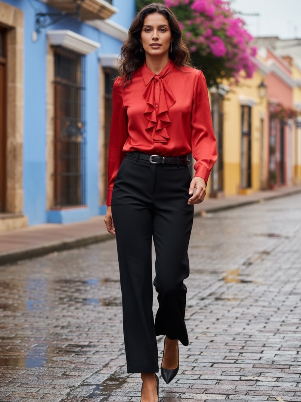 Lafayette 148 New York Red Silk Ruffle Front Blouse size 2